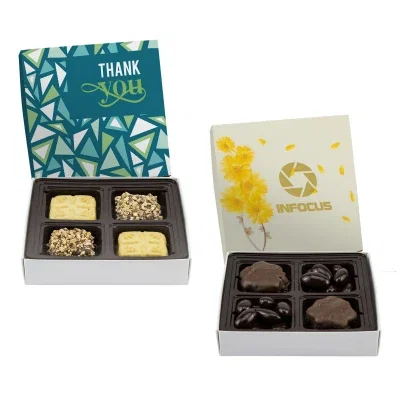 Flat white candy box measuring six inches square