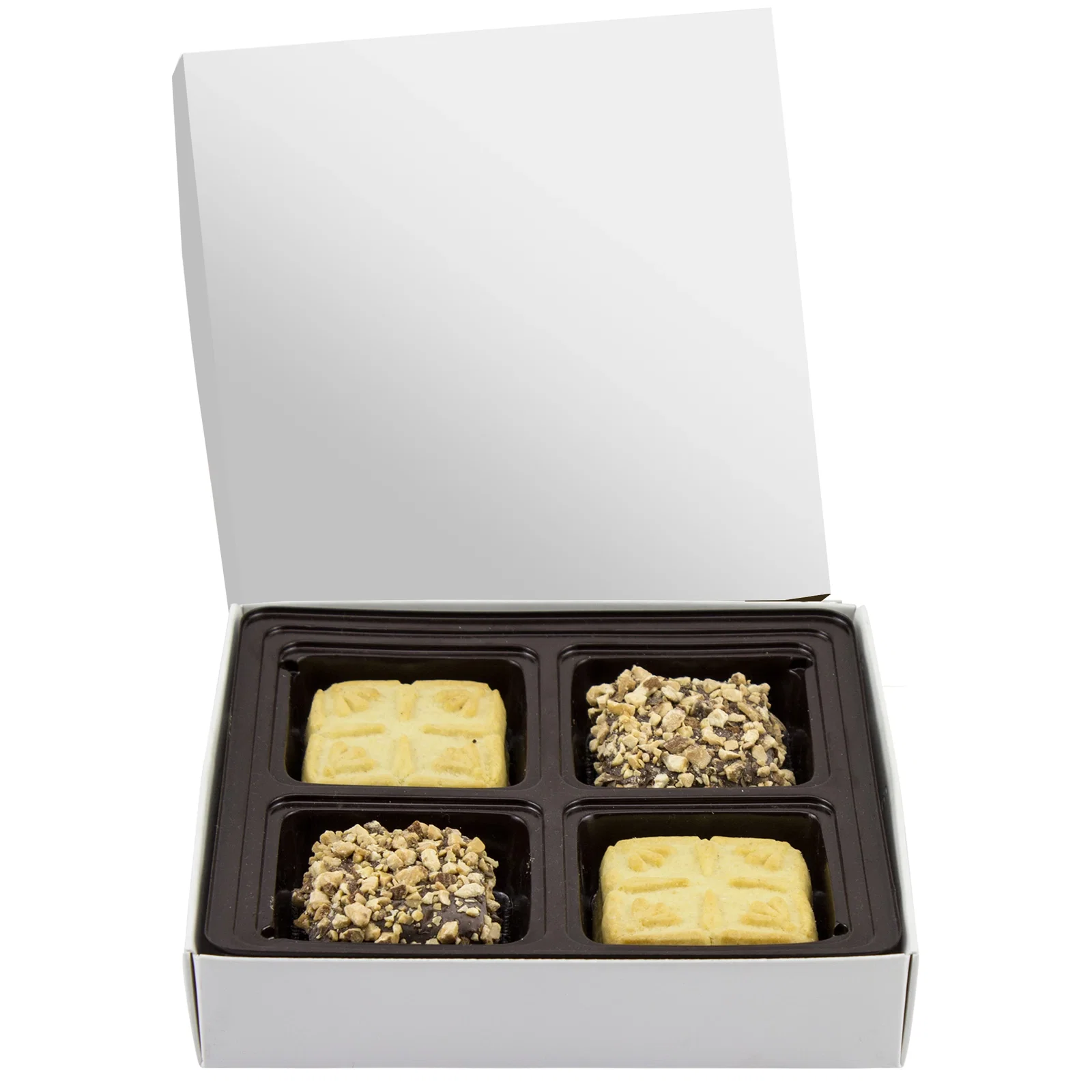 Lid off, revealing the chocolates arranged inside