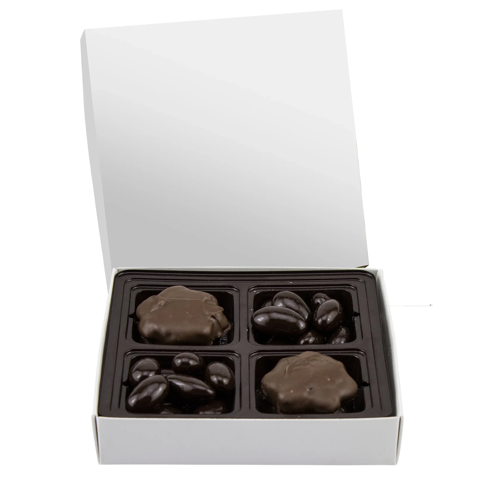 Chocolate assortment shown beside its white packaging