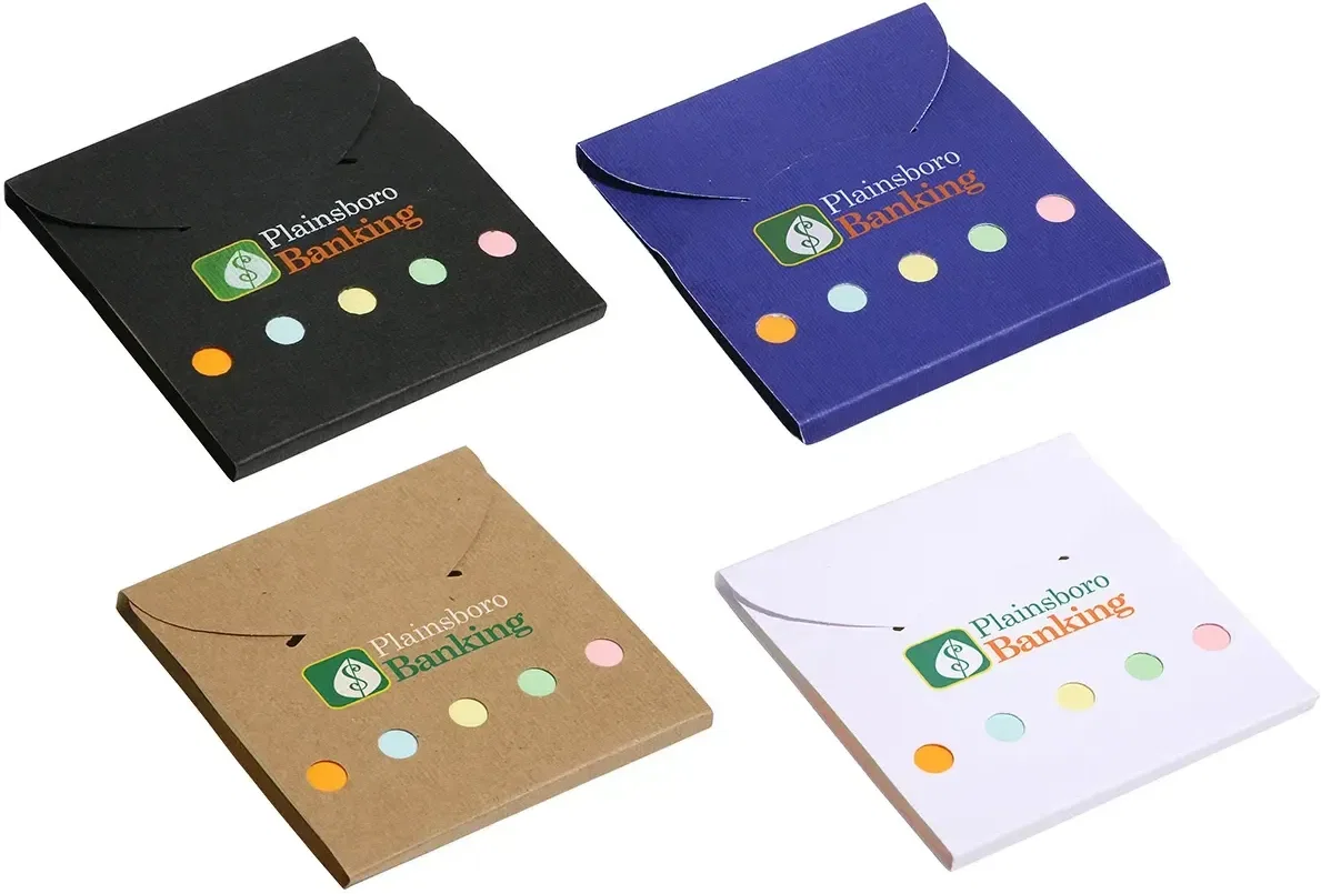 Custom branded Square Deal sticky note wallet, front cover of the promotional 5-color note set with logo space