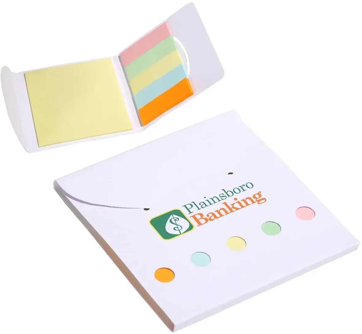 Open branded Square Deal wallet showing five color sticky pads, custom promotional sticky note set