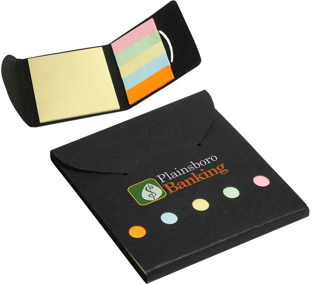Angled view of the promotional Square Deal sticky note wallet folded shut, custom branded note holder
