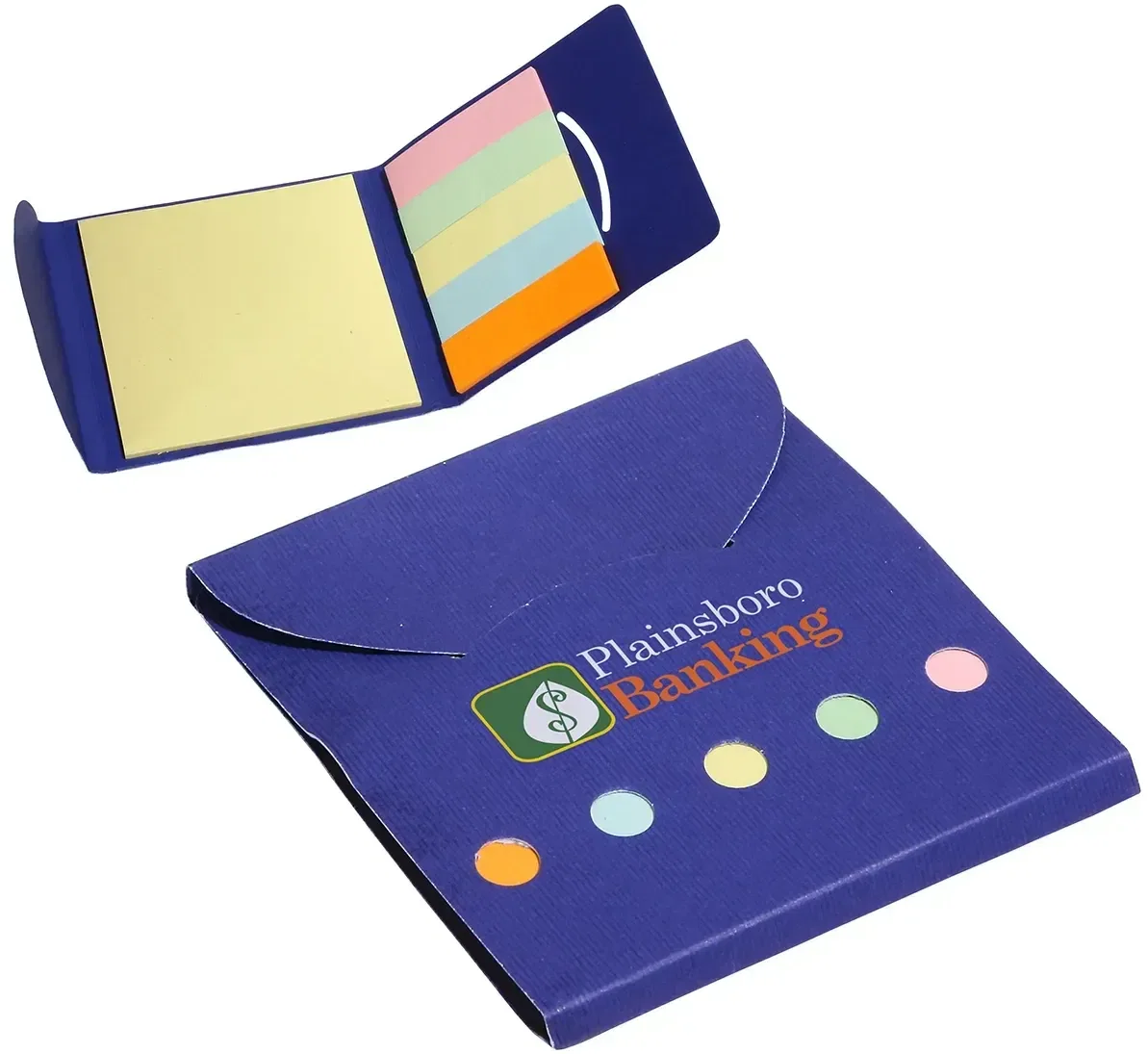 Close-up of the custom Square Deal 5-color sticky pads, branded promotional sticky note wallet detail