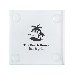 Square Glass Coaster, 3 3/4" with Silicone Feet, Reverse Print