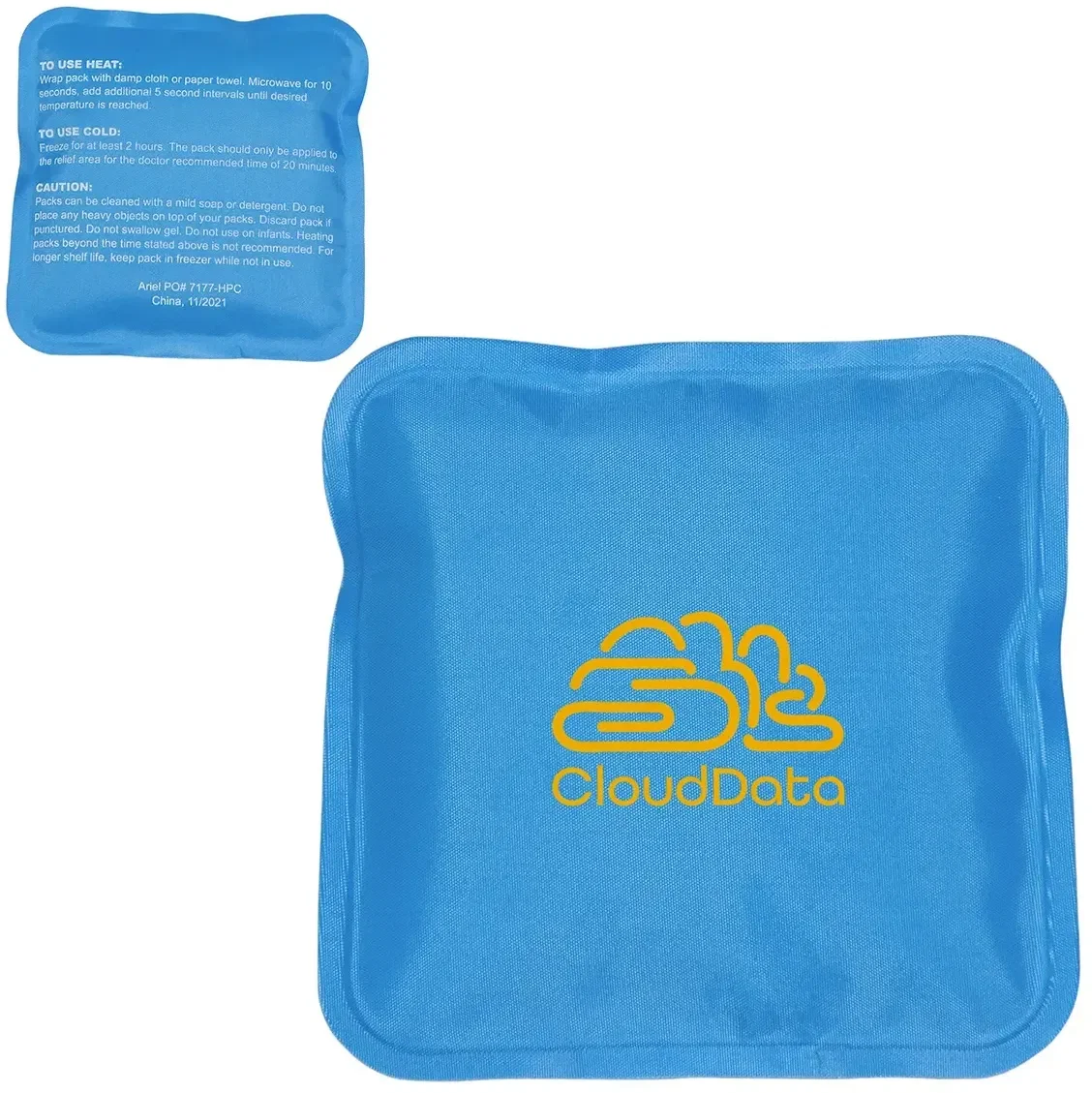 Custom square nylon hot/cold pack showing its soft nylon cover for logo imprinting