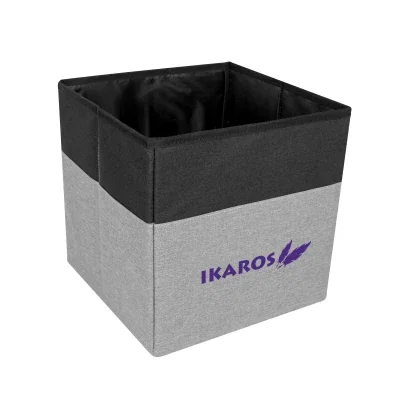 Gray storage cube with black trim shown assembled