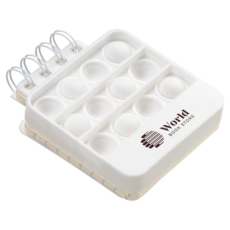 Promotional Spiral Notebook Push Pop on a desk, branded notebook lifestyle shot in style 3