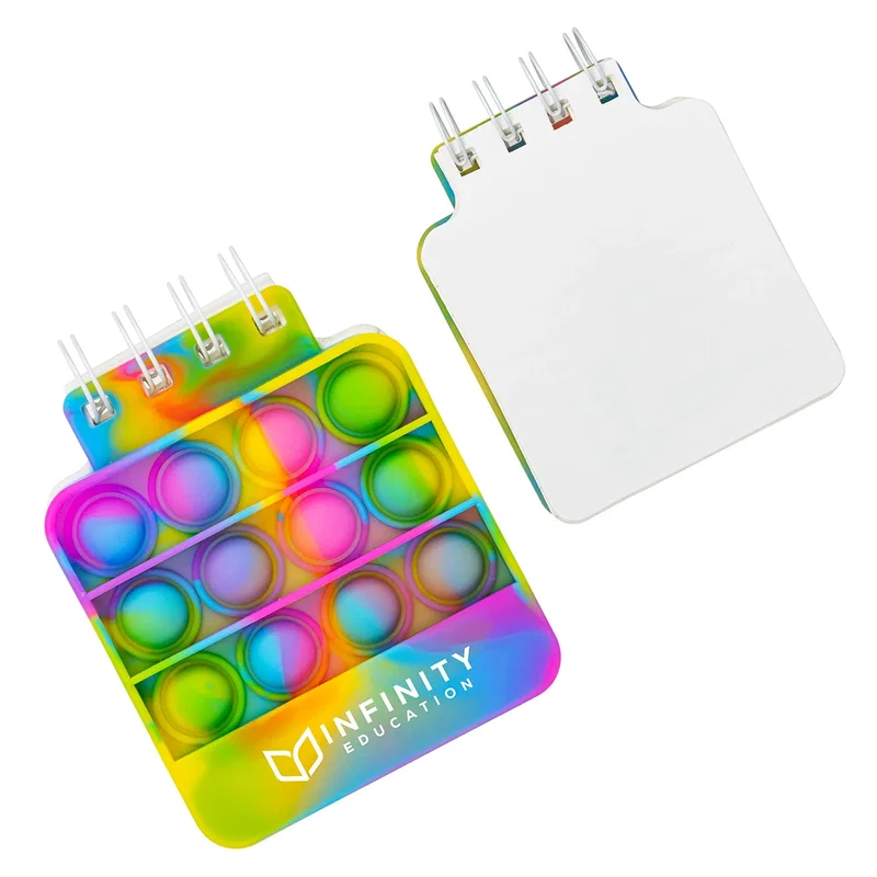 Custom Spiral Notebook Push Pop shown held in hand, style 2 branded notebook in-use shot