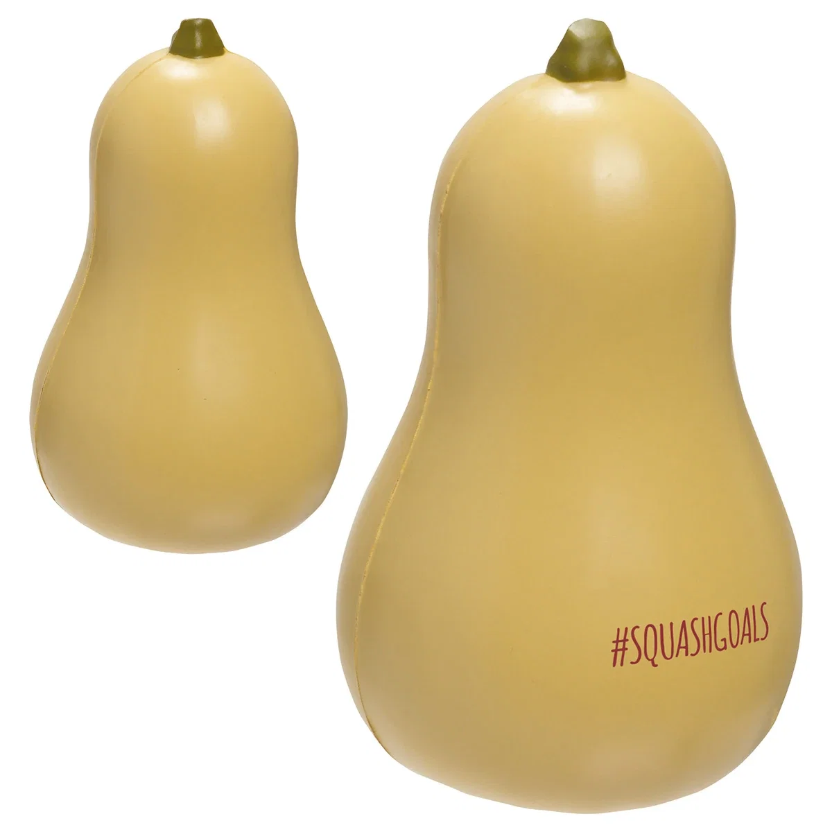 Squash shaped stress reliever with pad-printed imprint areas on both sides