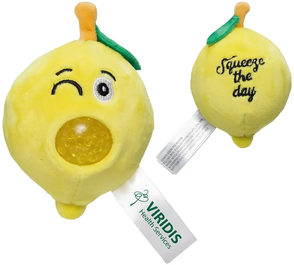 Custom Squeeze the Day Embroidered Stress Buster, front view of the plush branded stress toy for logo gifts