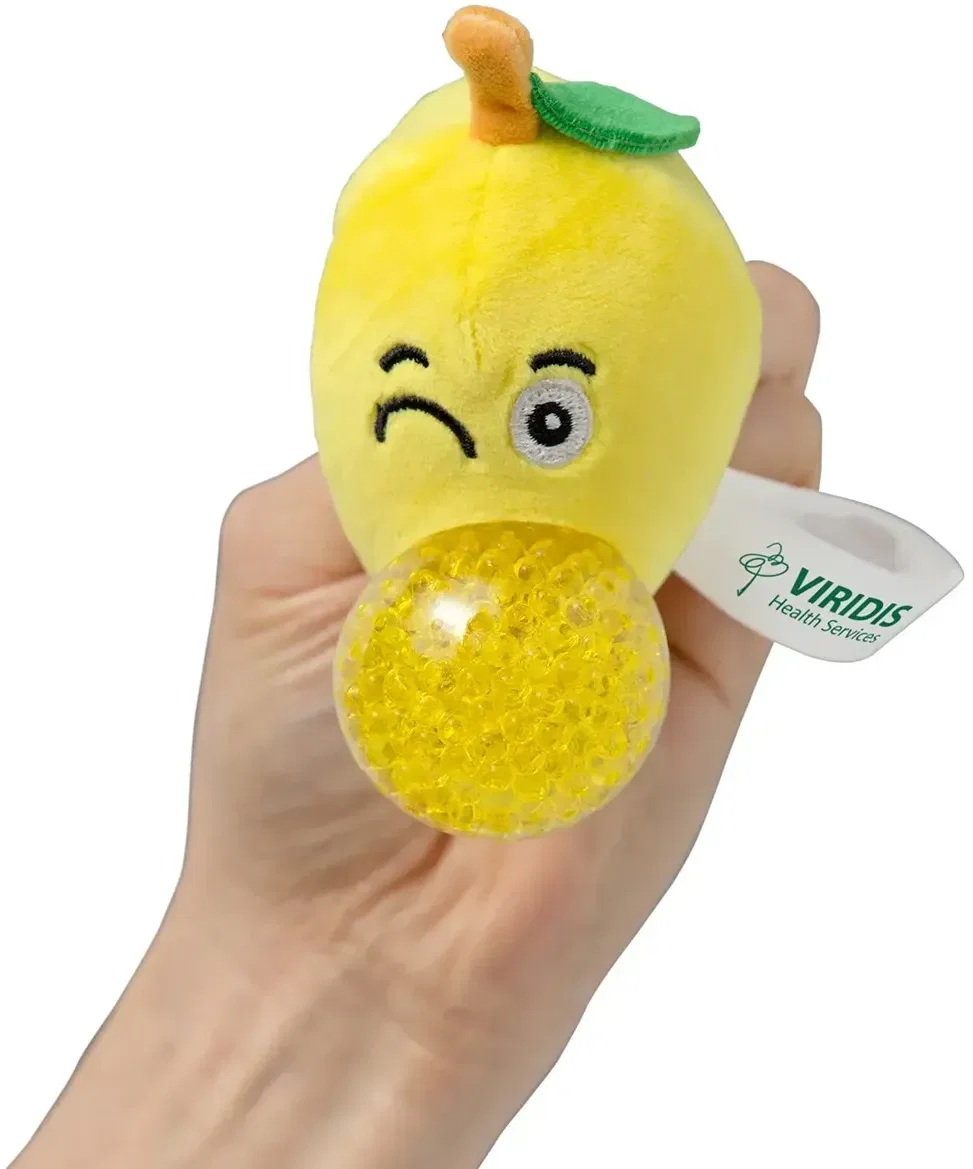Close-up of the embroidered message on the custom Squeeze the Day plush Stress Buster, a branded logo giveaway