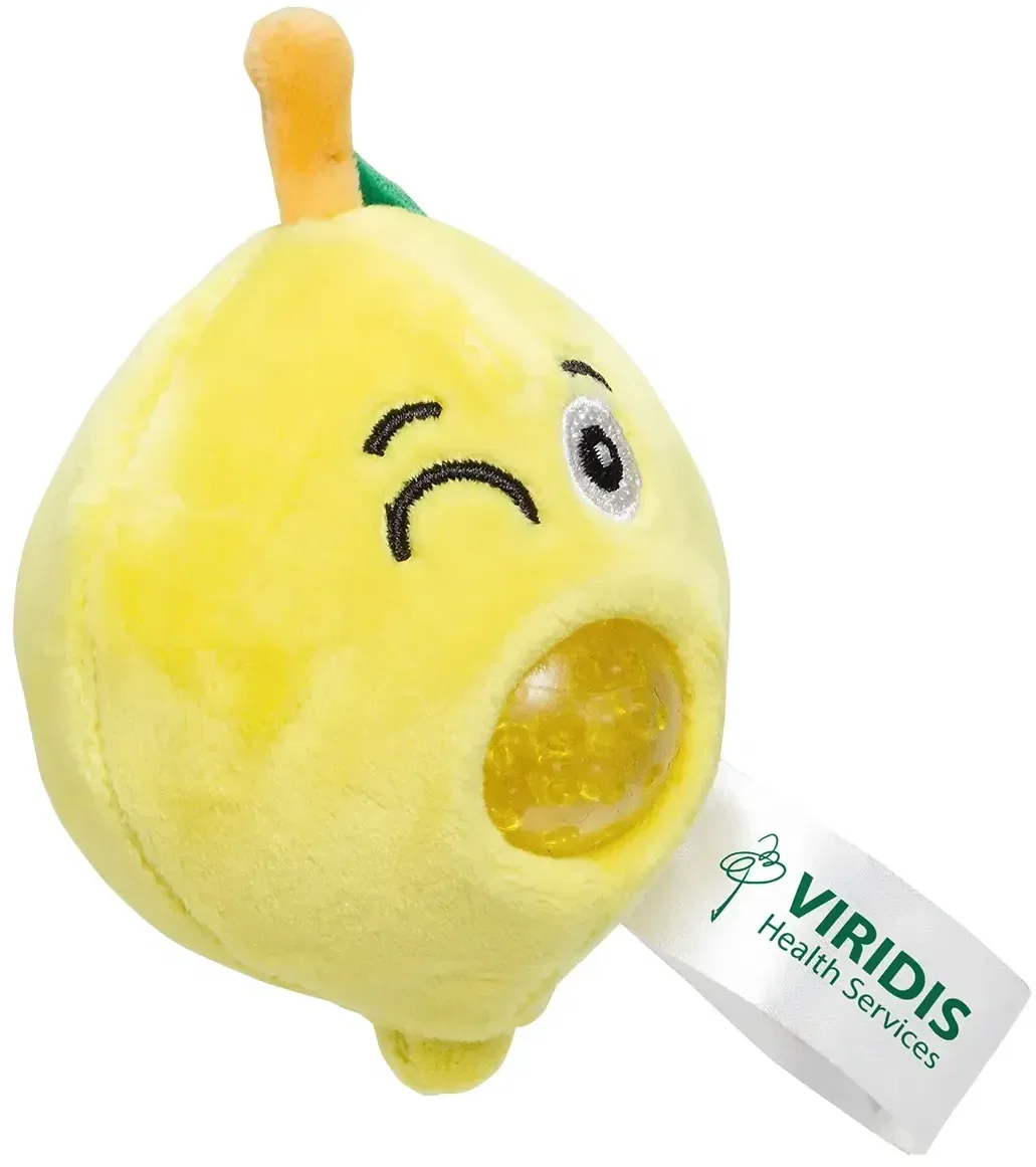 Side view of the custom Squeeze the Day Embroidered Stress Buster plush squeeze toy for promotional logo gifts