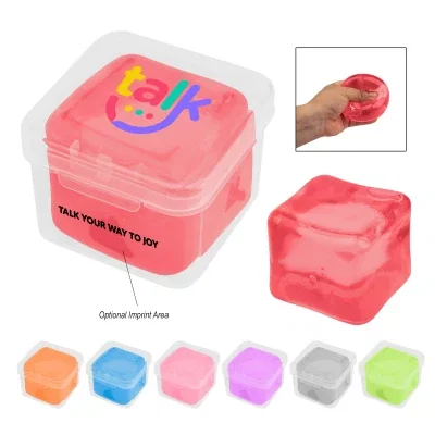 Squishy cube stress toy sealed inside a clear plastic case