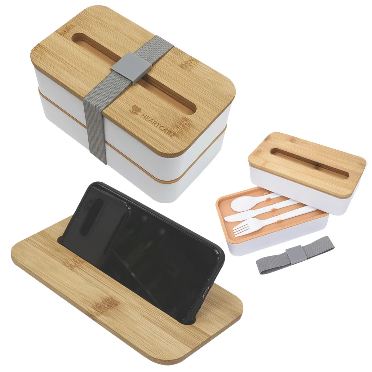 Stackable bento lunch box secured with an elastic strap