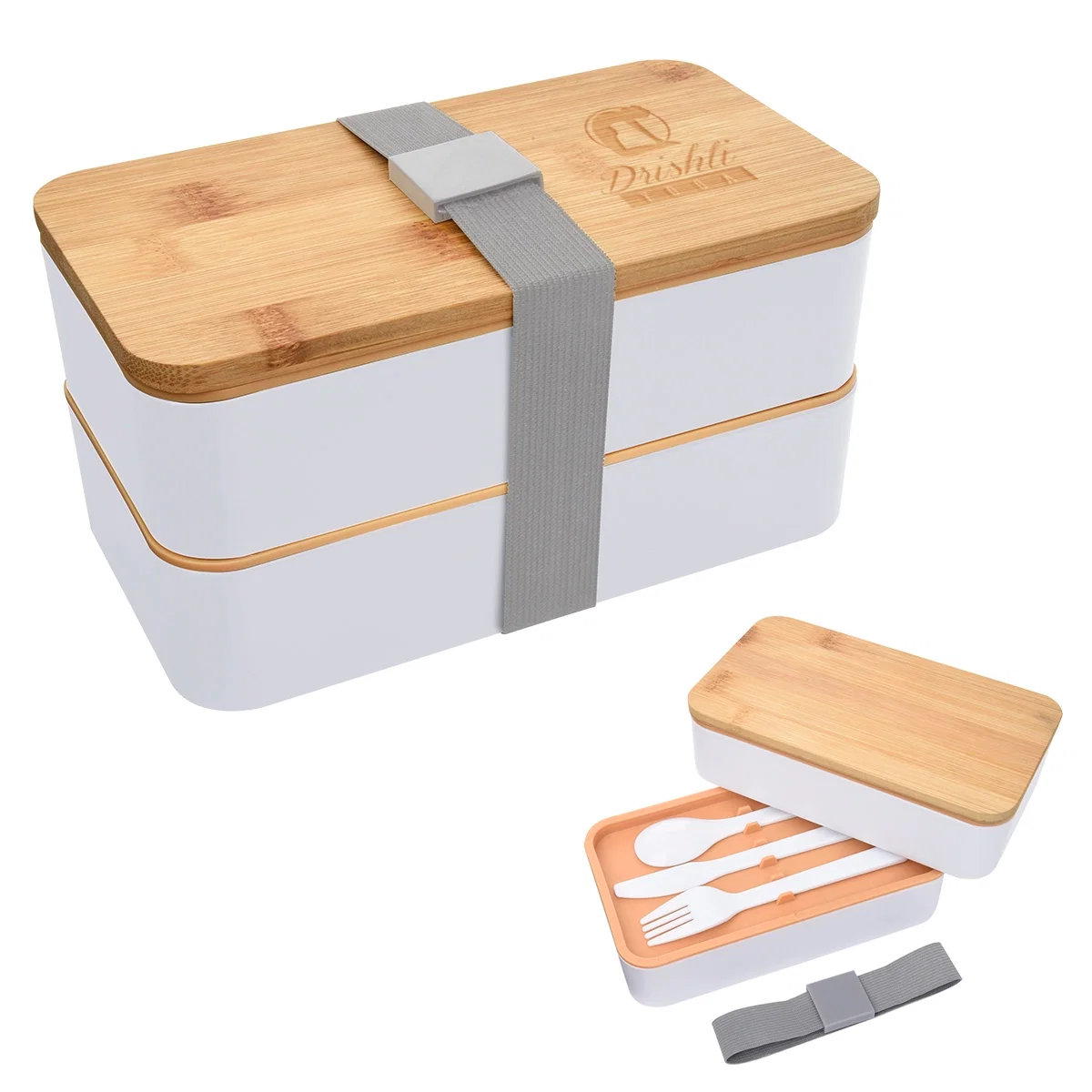 Stackable bento lunch set held together by an elastic strap