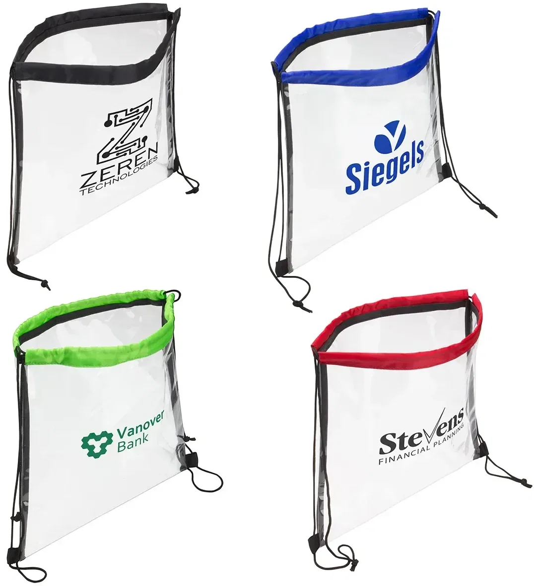 Stadium-approved clear vinyl custom drawstring bag with logo branding, front view