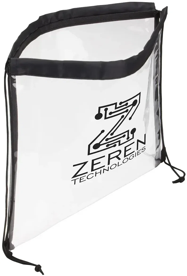 Branded clear vinyl drawstring bag meeting stadium bag rules, back view