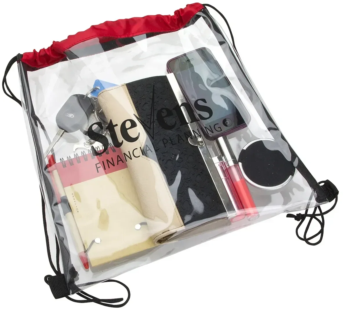 Custom logo clear vinyl drawstring backpack cinched closed, side view