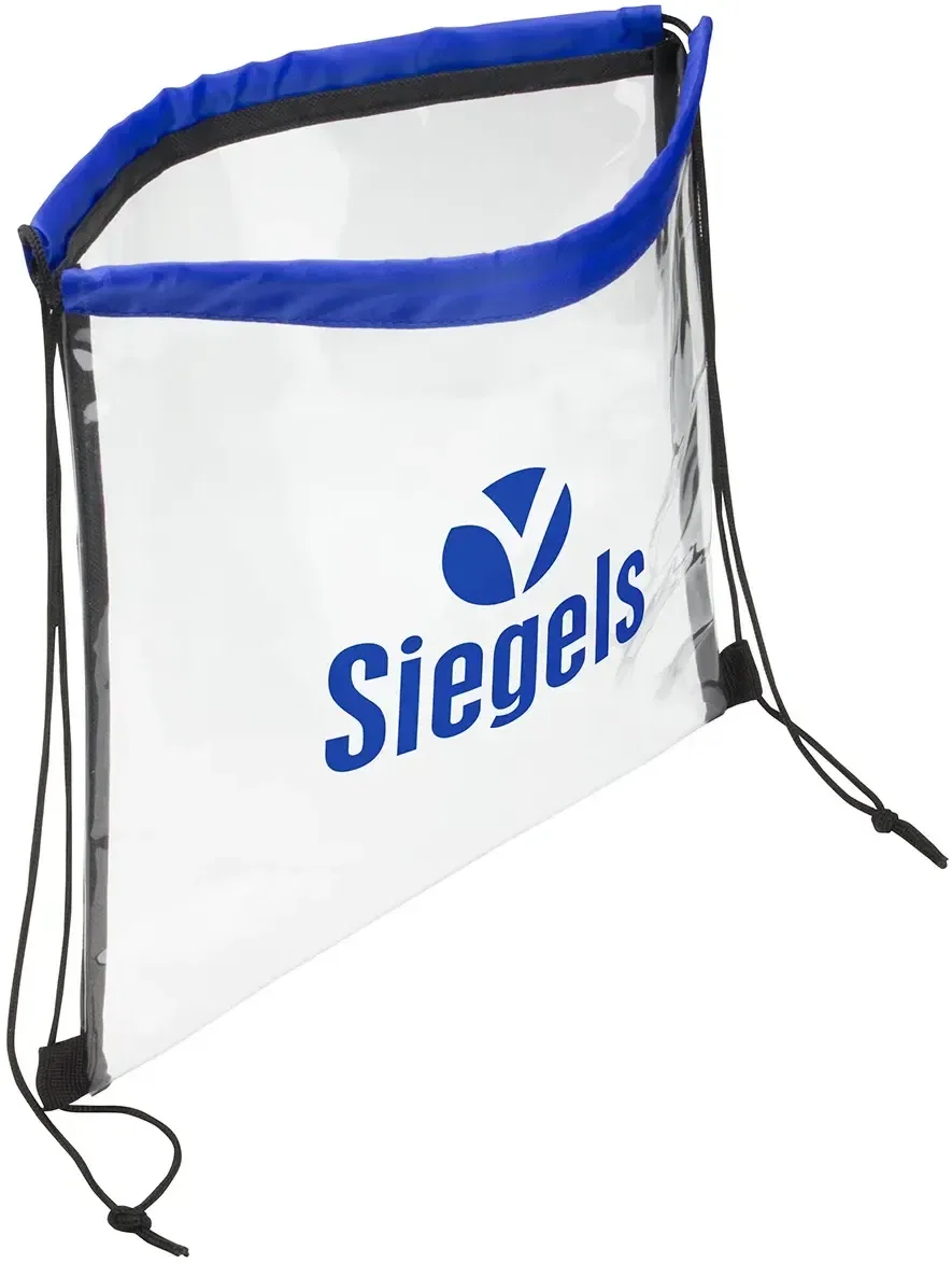 Promotional clear vinyl stadium drawstring bag showing imprint, detail view