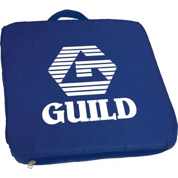 Stadium seat cushion side view with handle, foam-filled polyester event cushion