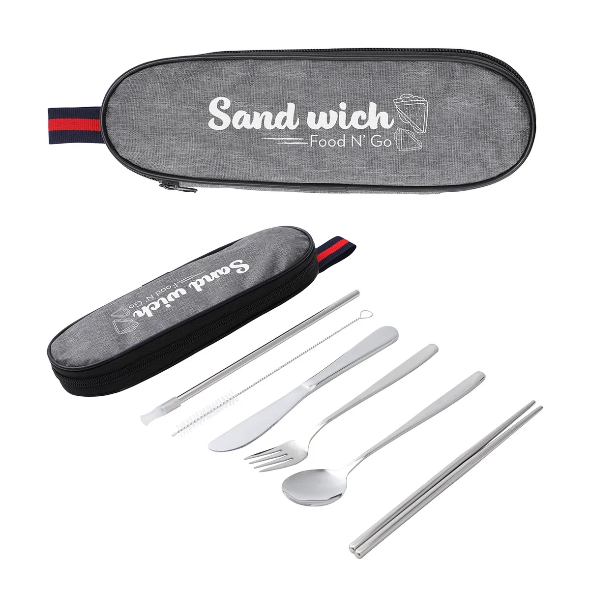 Custom Stainless Steel Cutlery Set in Oxford Case, front view of the branded travel utensil set