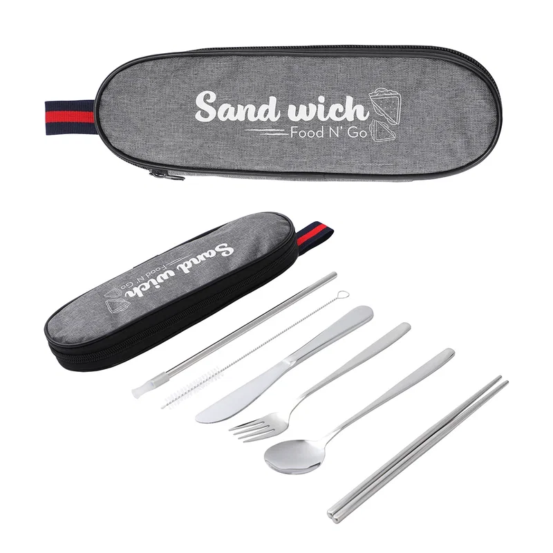 Custom Stainless Steel Cutlery Set in Oxford Case, front view of the branded travel utensil set