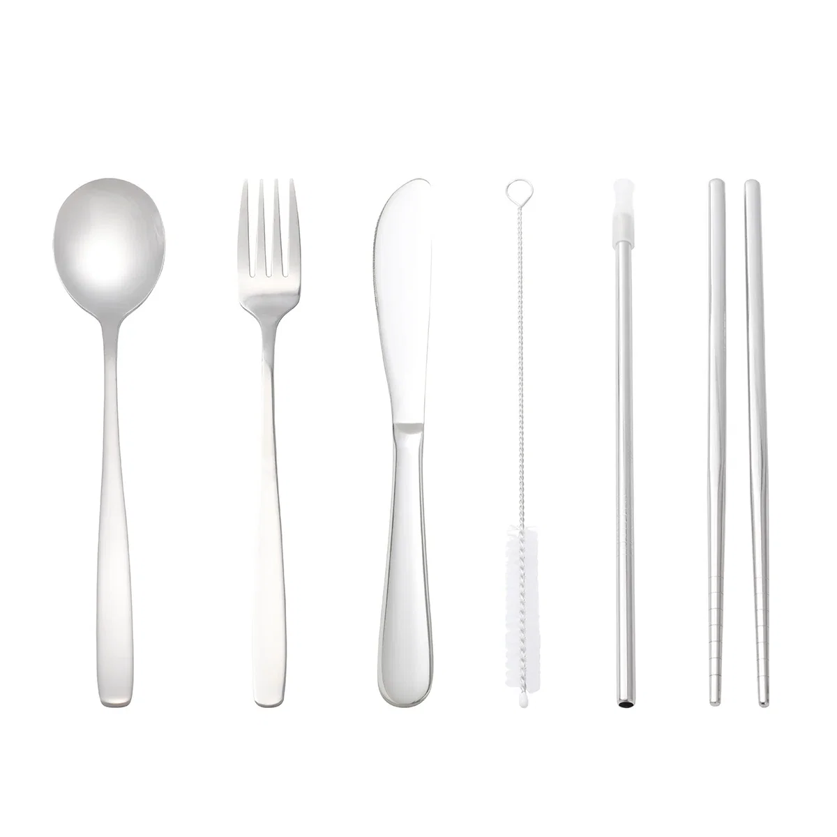 Stainless Steel Cutlery Set pieces including fork, knife, spoon, chopsticks, and reusable straw laid out individually