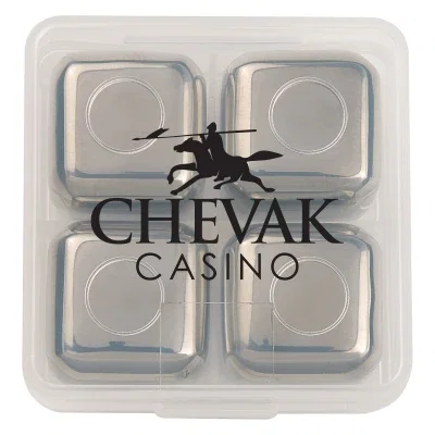 Stainless steel ice cubes packed inside a clear carry case