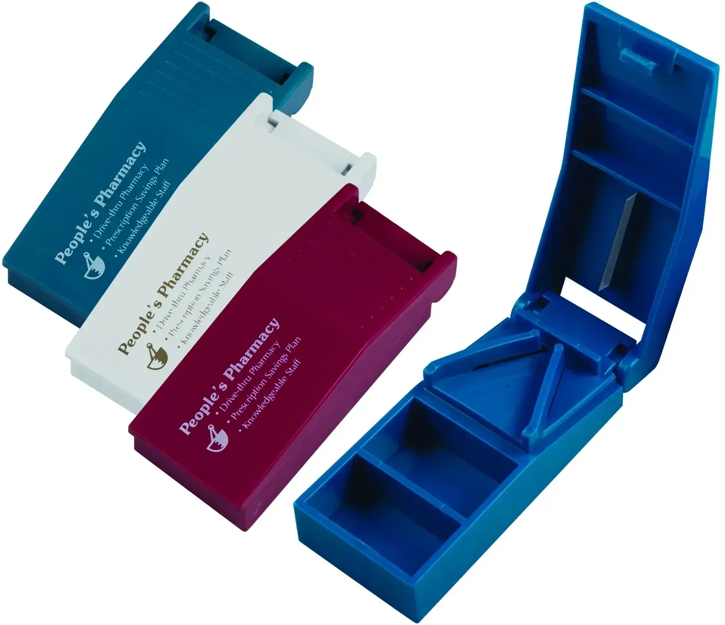 Pill Splitter. Stainless steel pill splitter with storage compartment for pharmacy giveaways, view 4