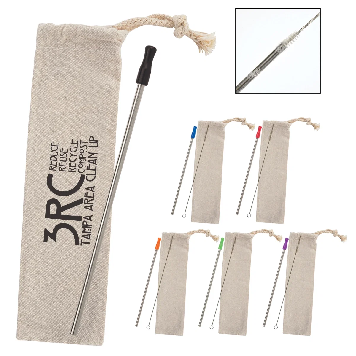 Cotton pouch shown beside the metal drinking straws