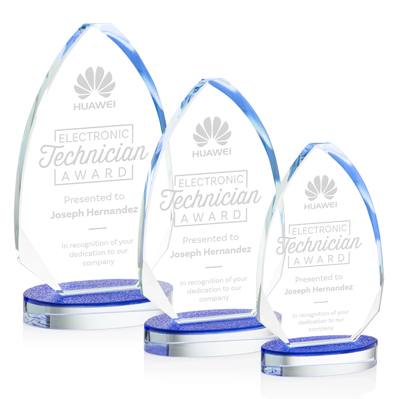 Custom Starfire Crystal Arrowhead Award on Textured Sapphire Oval Base, awards for employee recognition