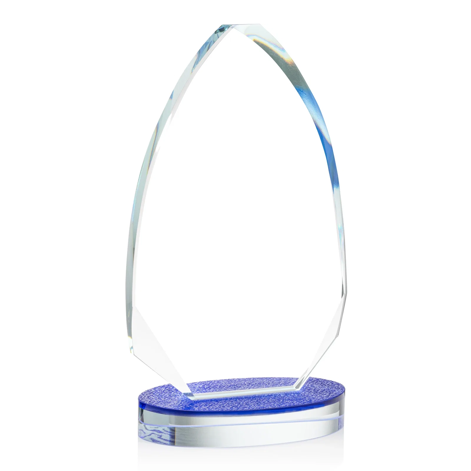 Custom Starfire Crystal Arrowhead Award on Textured Sapphire Oval Base, awards for company anniversary events