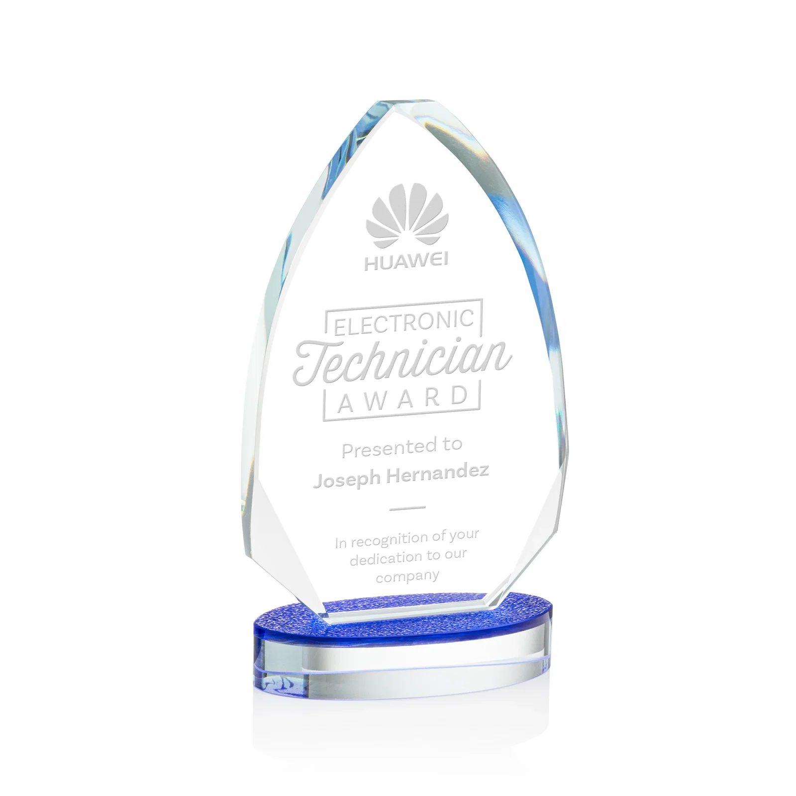 Custom Starfire Crystal Arrowhead Award on Textured Sapphire Oval Base, awards for corporate award ceremonies
