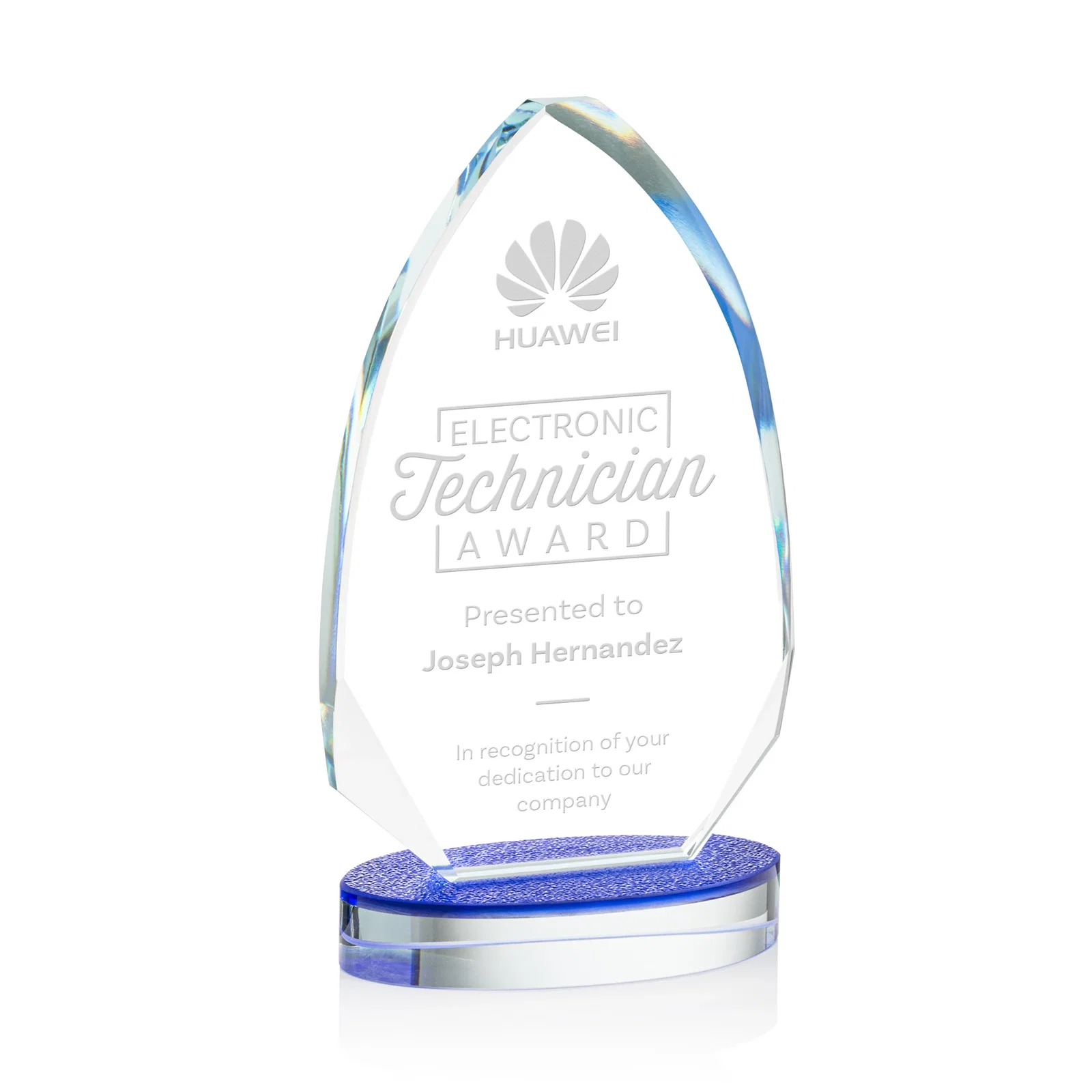Custom Starfire Crystal Arrowhead Award on Textured Sapphire Oval Base, awards for service anniversary gifts