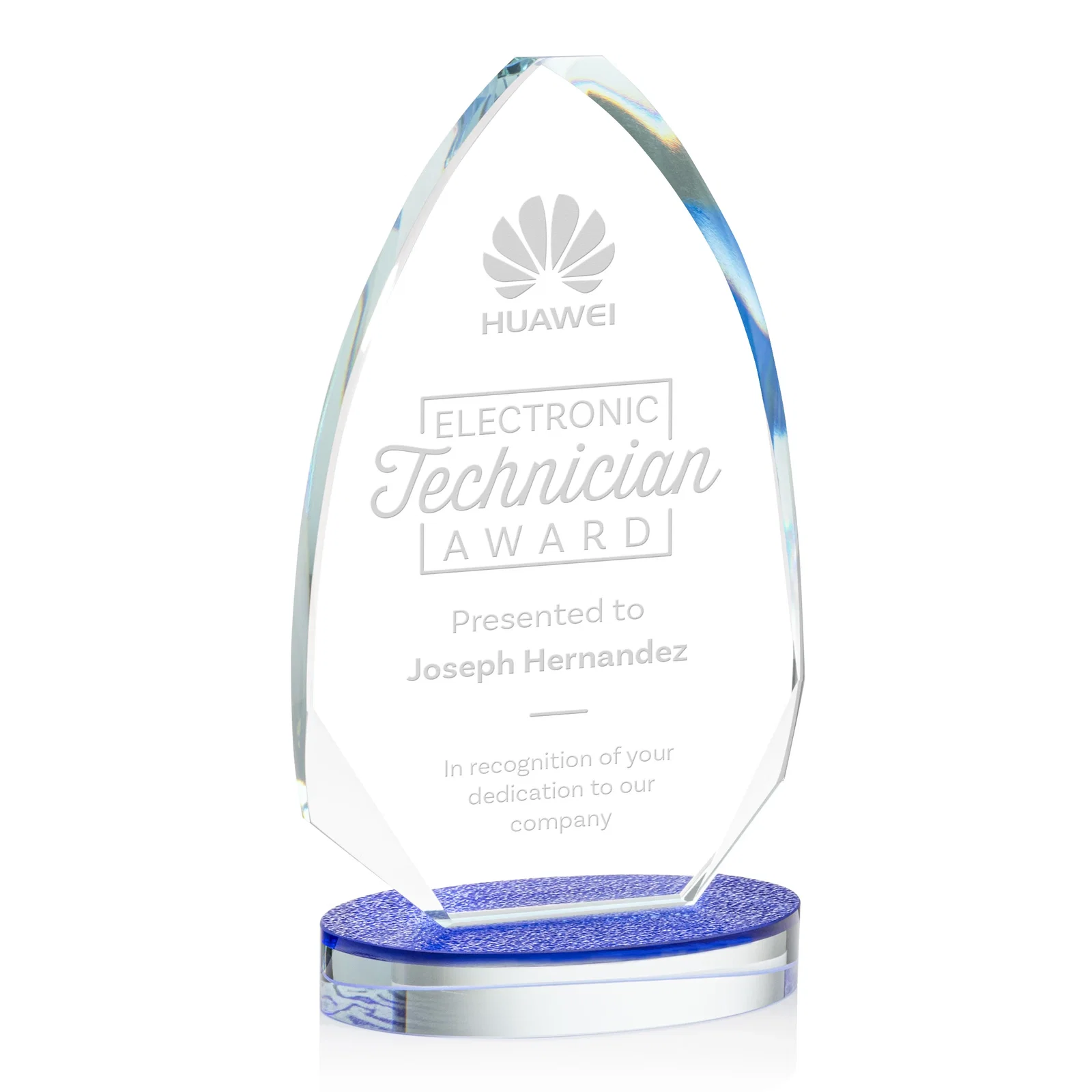 Custom Starfire Crystal Arrowhead Award on Textured Sapphire Oval Base, awards for sales achievement awards