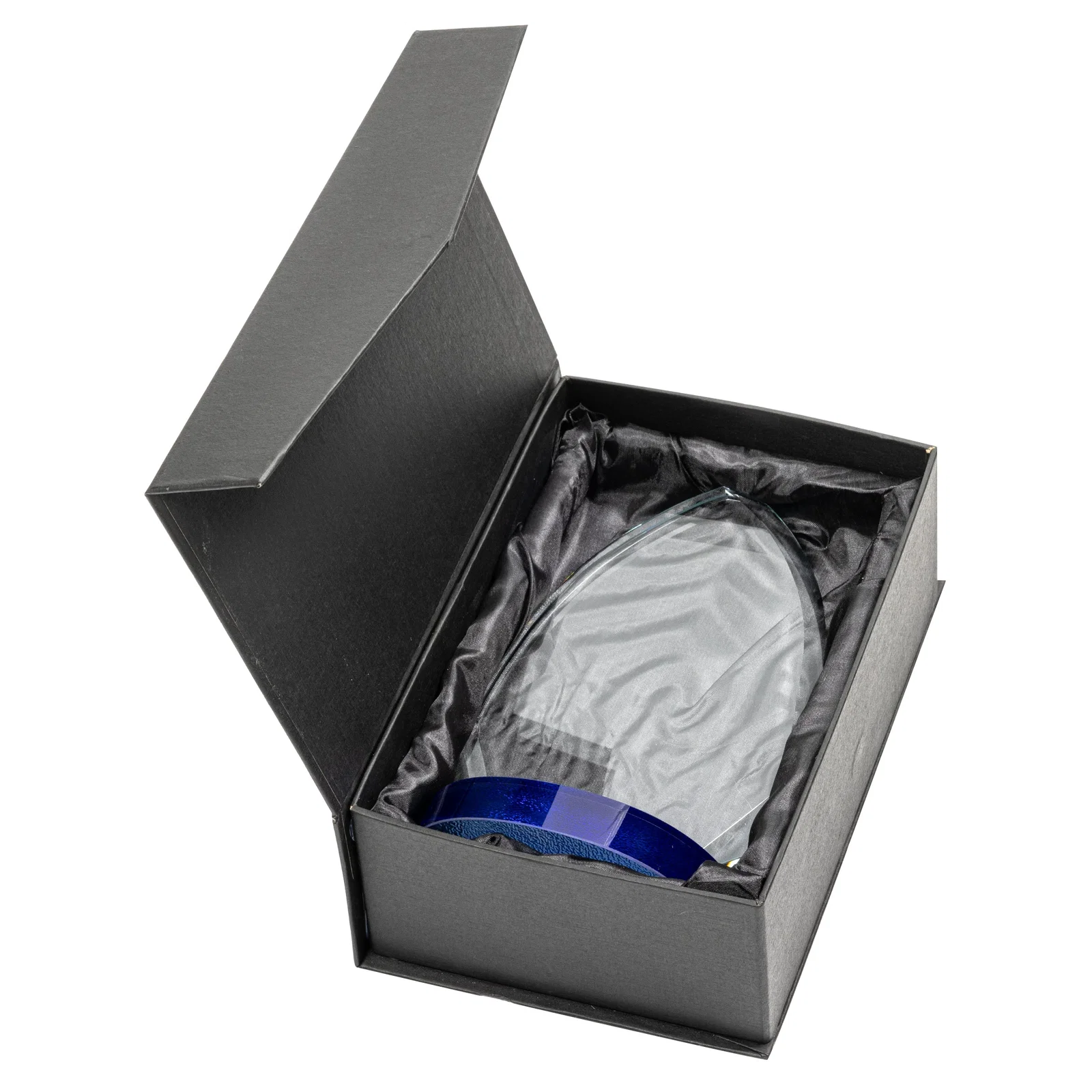 Custom Starfire Crystal Arrowhead Award on Textured Sapphire Oval Base, awards for retirement presentations