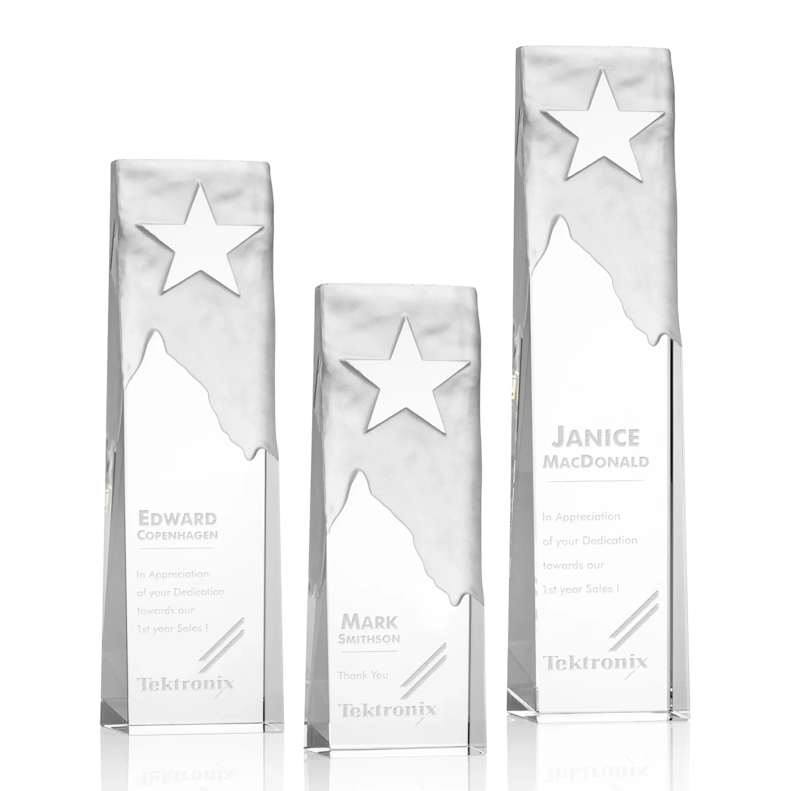 Custom Optical Crystal Tower Award With Frosted Mountain and Clear Star for employee recognition