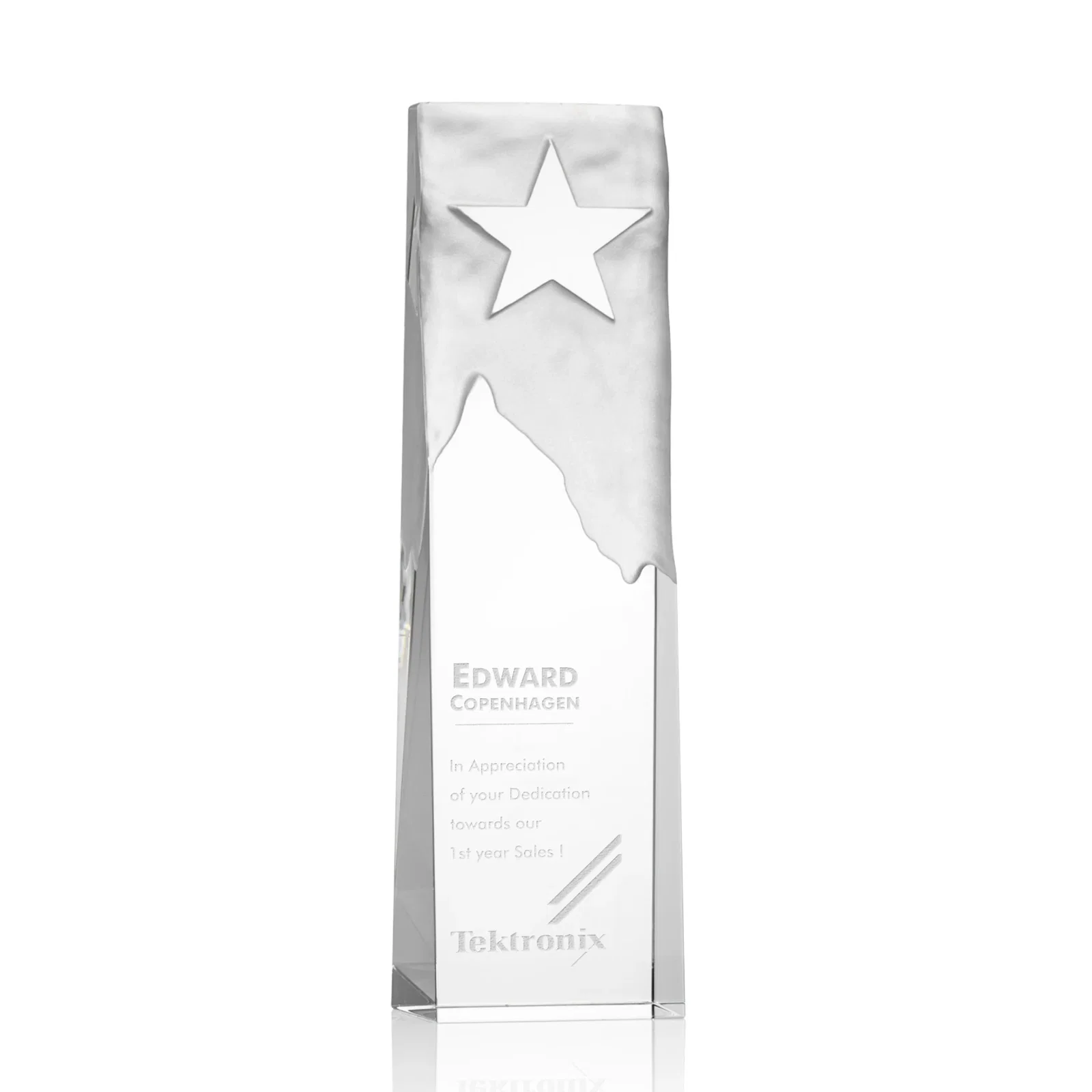 Custom Optical Crystal Tower Award With Frosted Mountain and Clear Star for service anniversary gifts