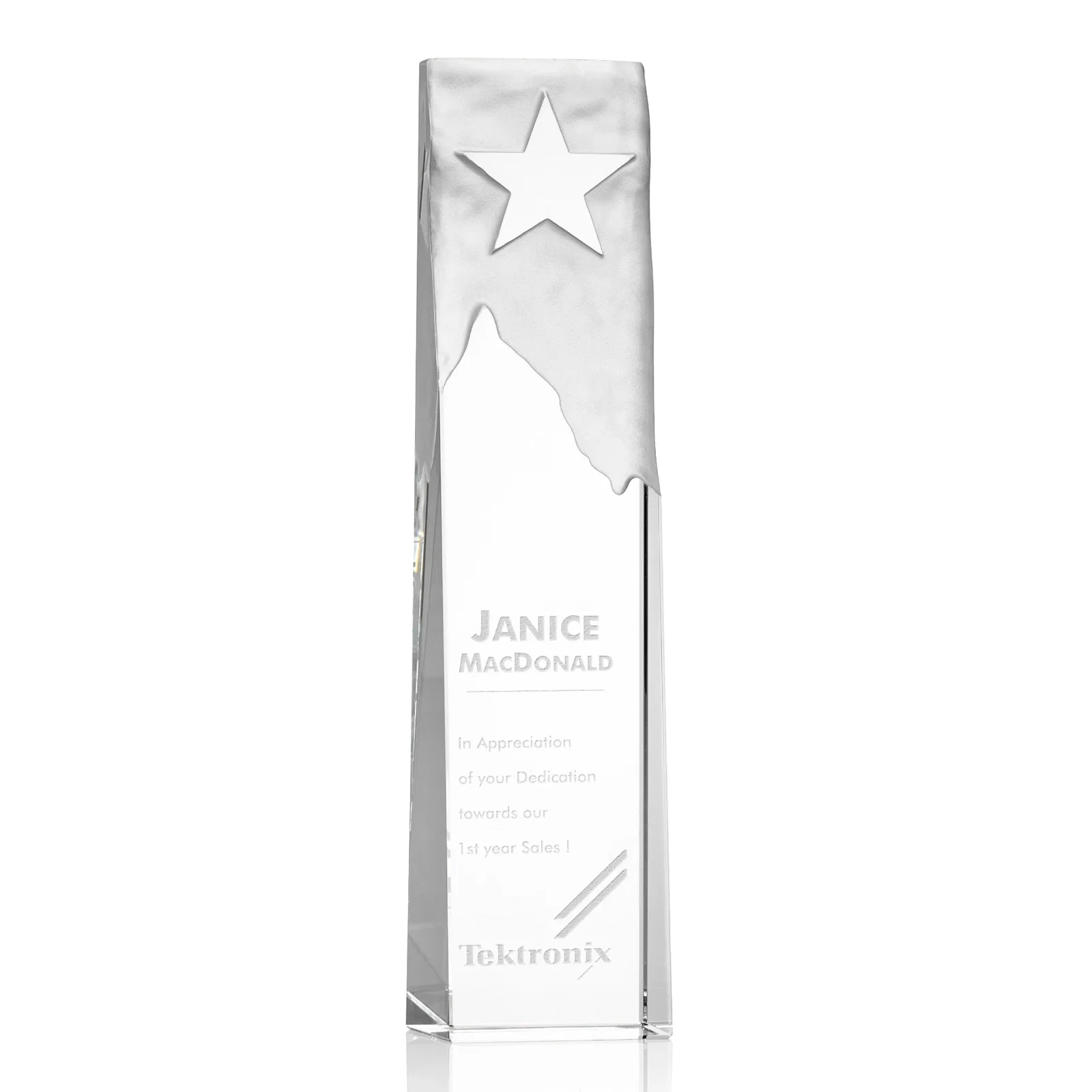 Custom Optical Crystal Tower Award With Frosted Mountain and Clear Star for sales achievement awards