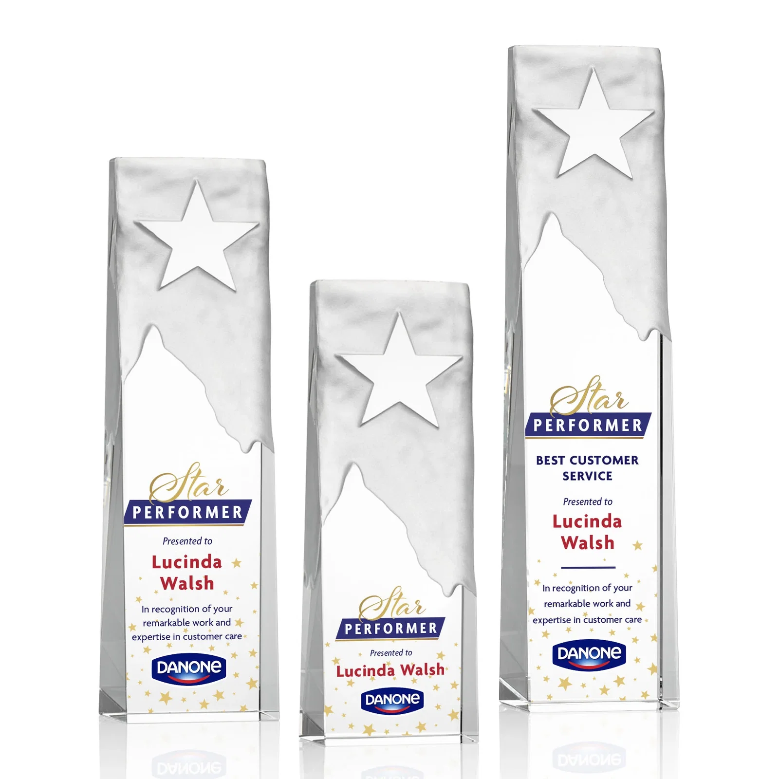 Custom Optical Crystal Tower Award With Frosted Mountain and Clear Star for retirement presentations