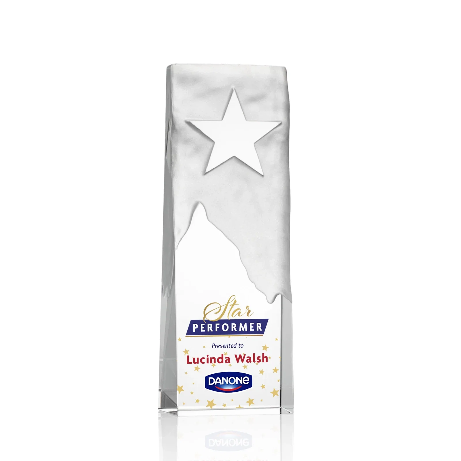Custom Optical Crystal Tower Award With Frosted Mountain and Clear Star for team milestone celebrations