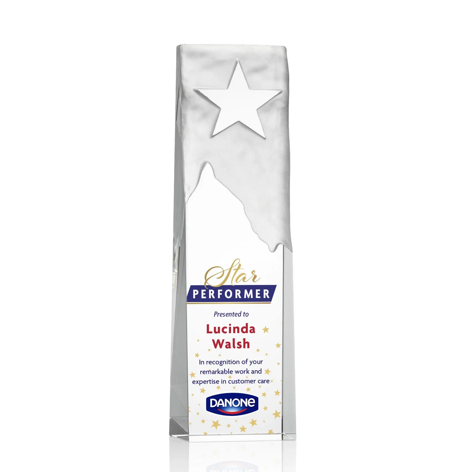 Custom Optical Crystal Tower Award With Frosted Mountain and Clear Star for donor appreciation