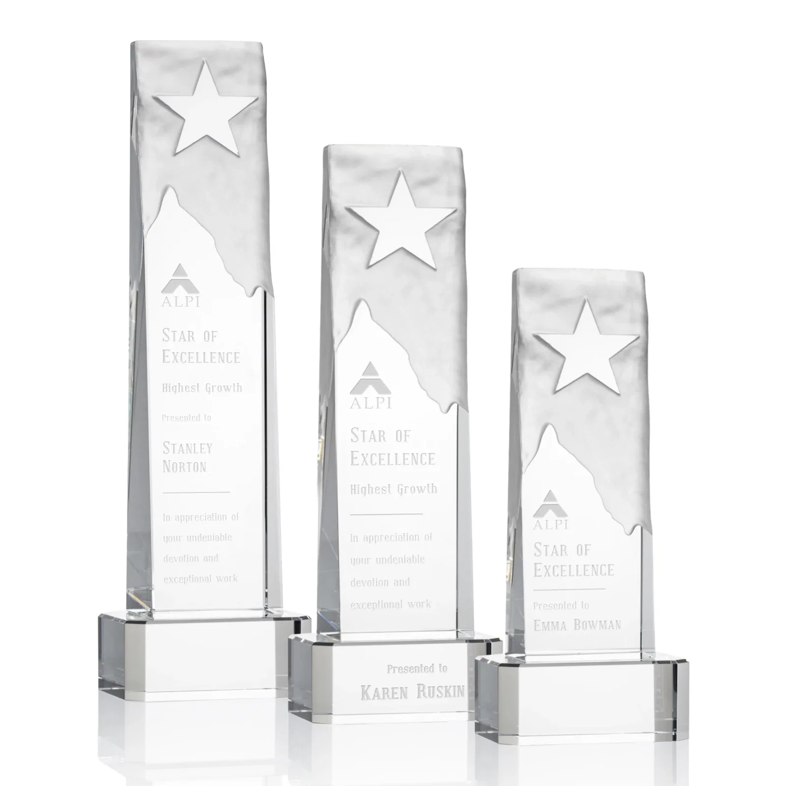 Custom Optical Crystal Award With a Frosted Mountain and Clear Star for employee recognition