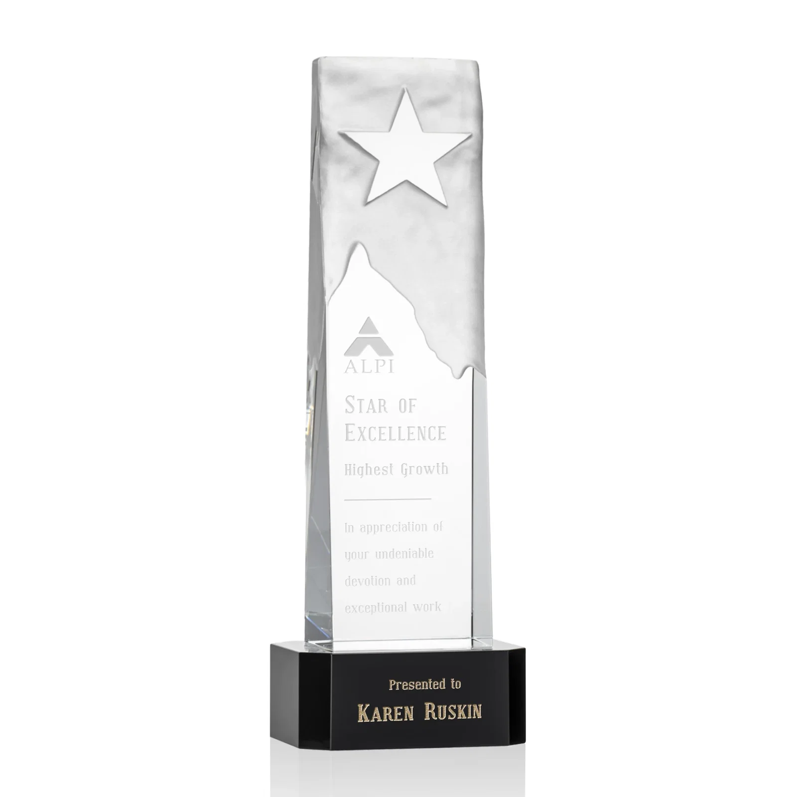 Custom Optical Crystal Award With a Frosted Mountain and Clear Star for volunteer appreciation