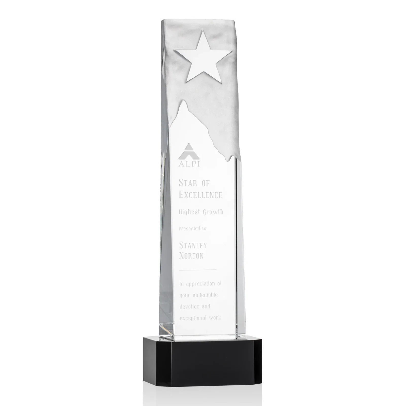 Custom Optical Crystal Award With a Frosted Mountain and Clear Star for dealer and partner awards