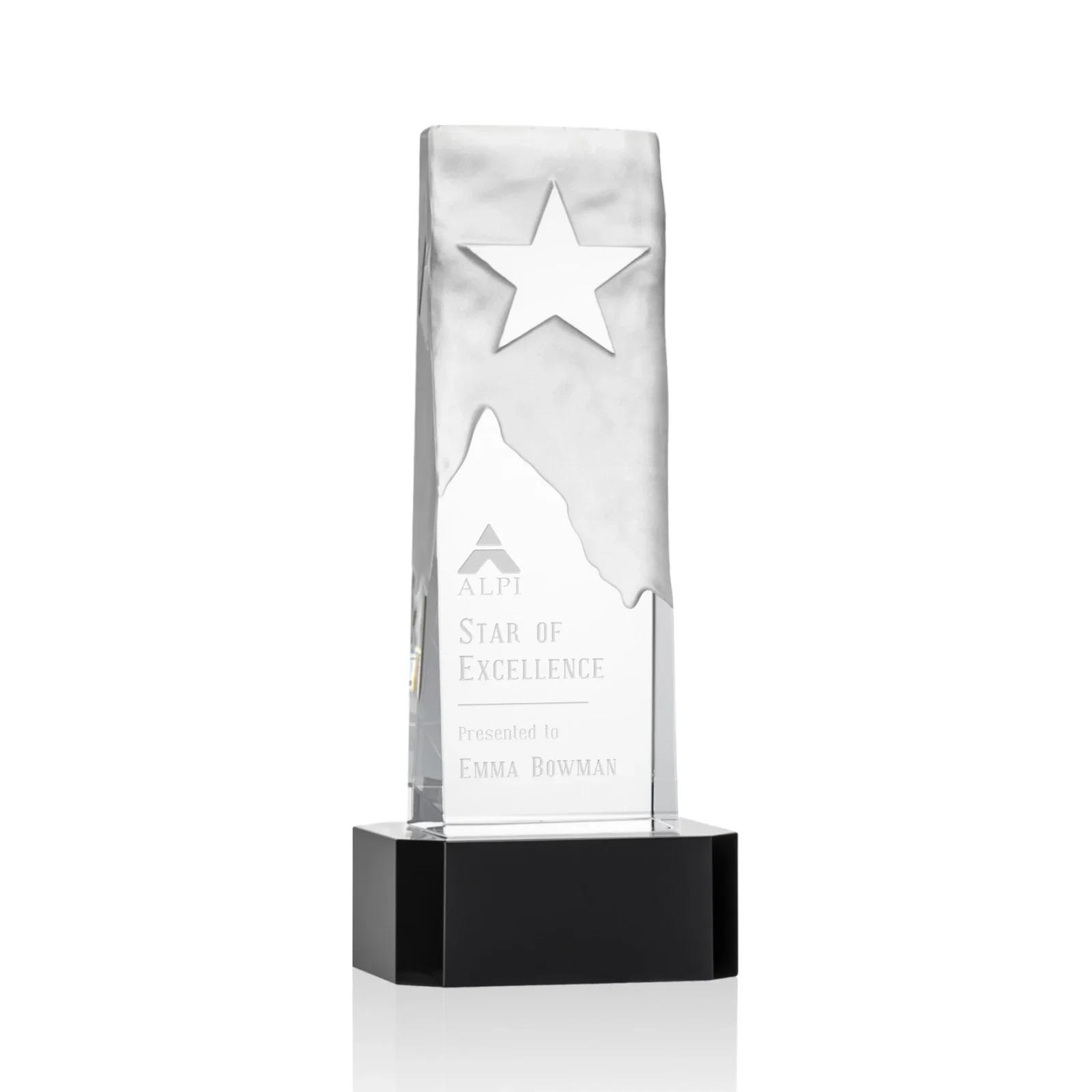 Custom Optical Crystal Award With a Frosted Mountain and Clear Star for company anniversary events