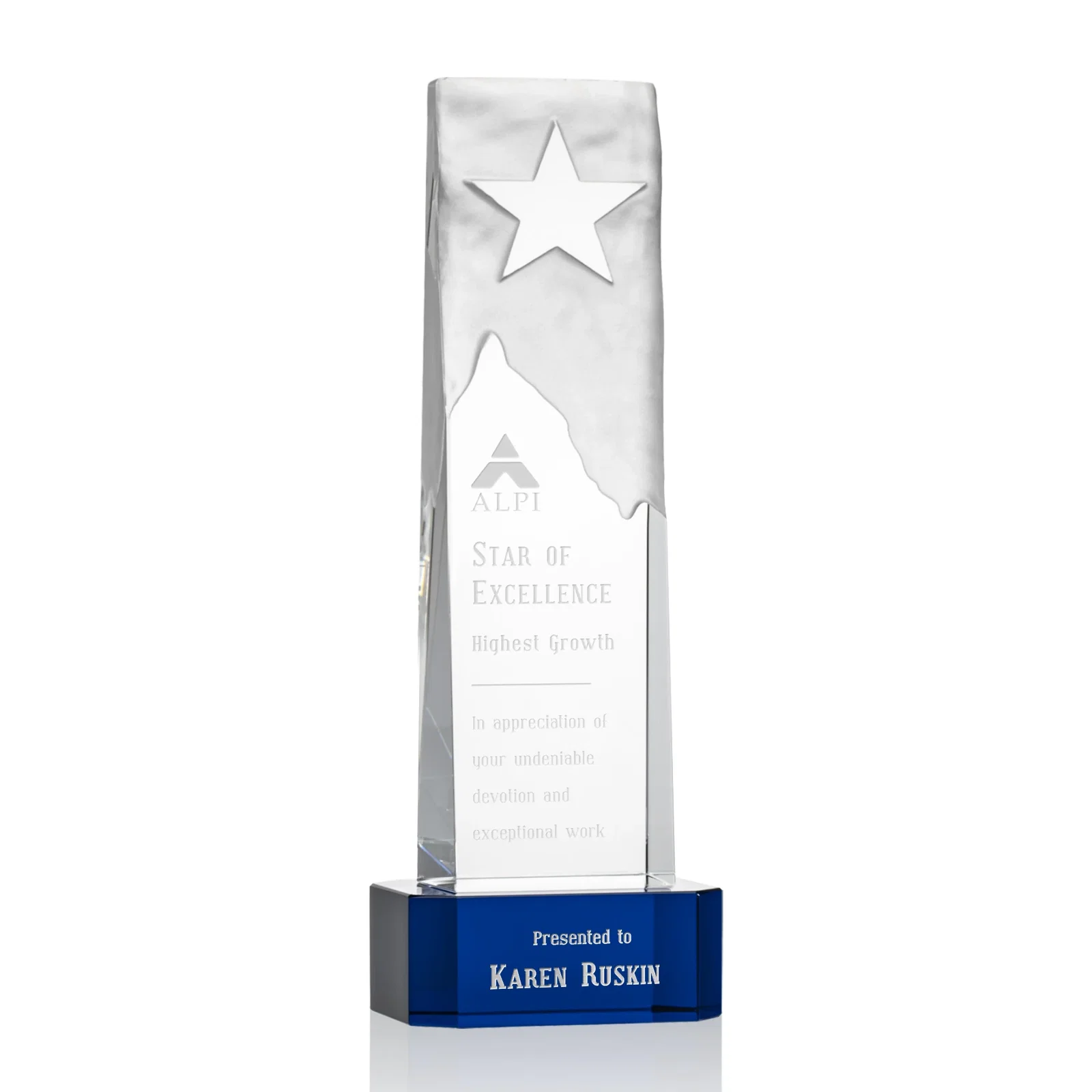 Personalized Optical Crystal Award With a Frosted Mountain and Clear Star for corporate award ceremonies