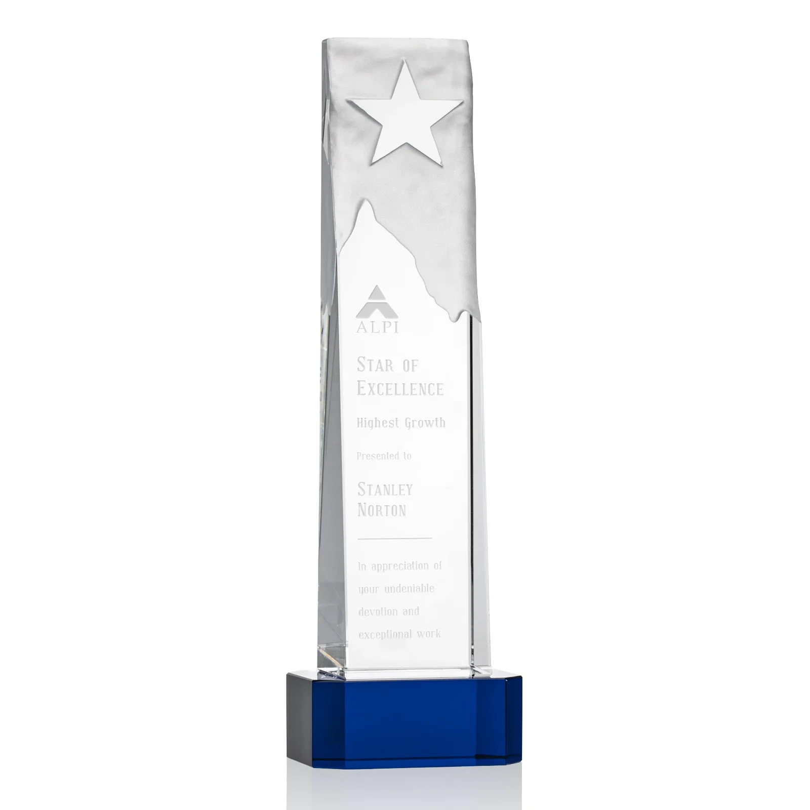 Personalized Optical Crystal Award With a Frosted Mountain and Clear Star for service anniversary gifts