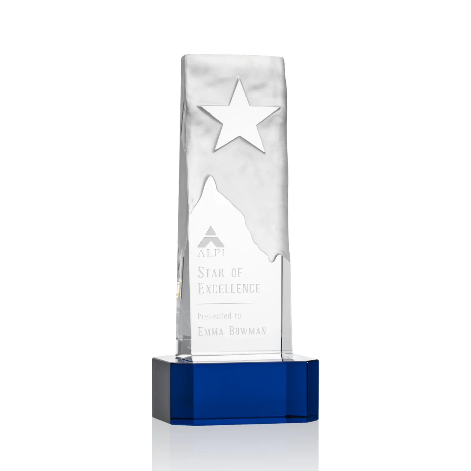 Personalized Optical Crystal Award With a Frosted Mountain and Clear Star for sales achievement awards