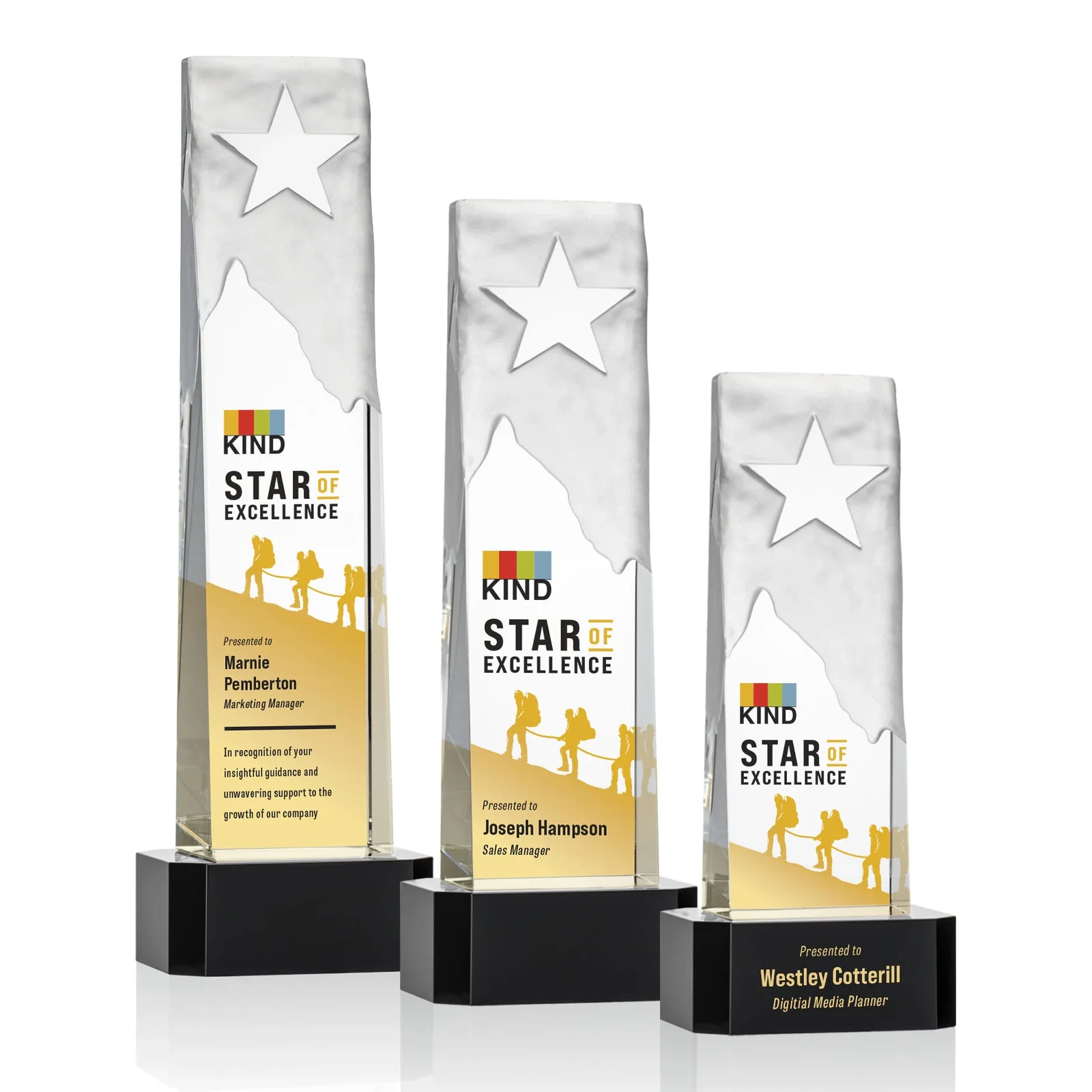 Personalized Optical Crystal Award With a Frosted Mountain and Clear Star for retirement presentations
